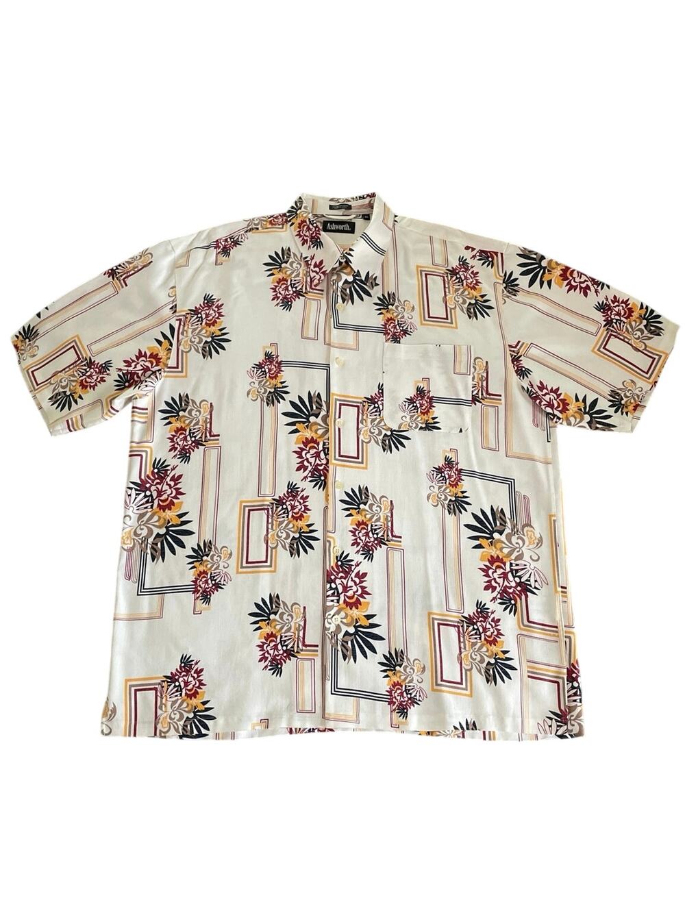 Ashworth Men Geometric Hawaiian Floral Cream Blue Red Tan Button Up SS Shirt XXL